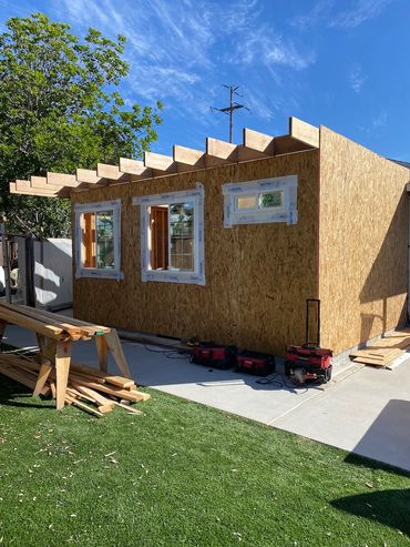 Framing of new addition in La Mesa, roof framing and walls complete