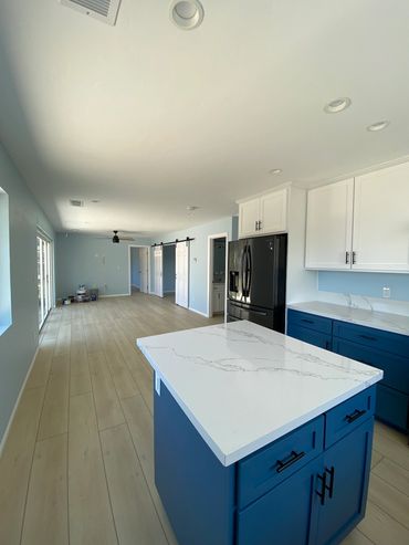 Blue kitchen island in San Diego accessory dwelling unit LZ Construction Design/Build Remodeling