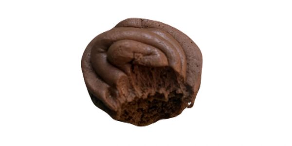Chocolate cupcake with a bite taken out.