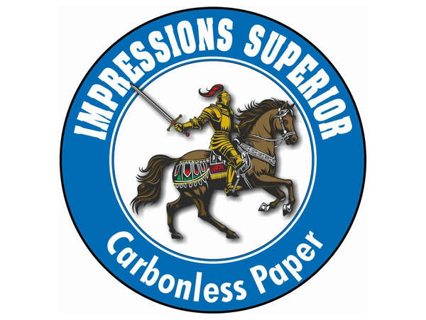 Logo of Impressions Superior Carbonless Paper with a knight on horseback.