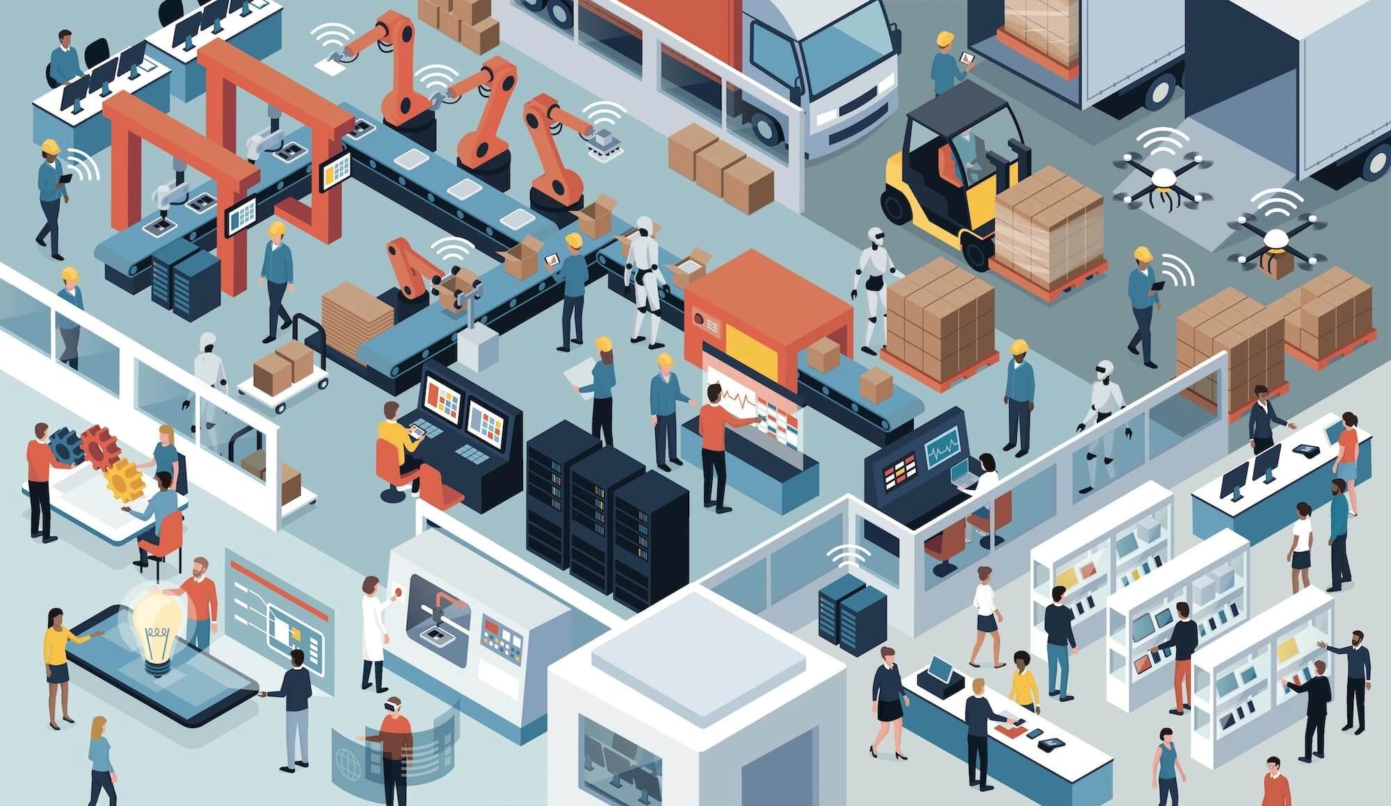 Smart factory with robots, drones, and people collaborating using advanced technology.