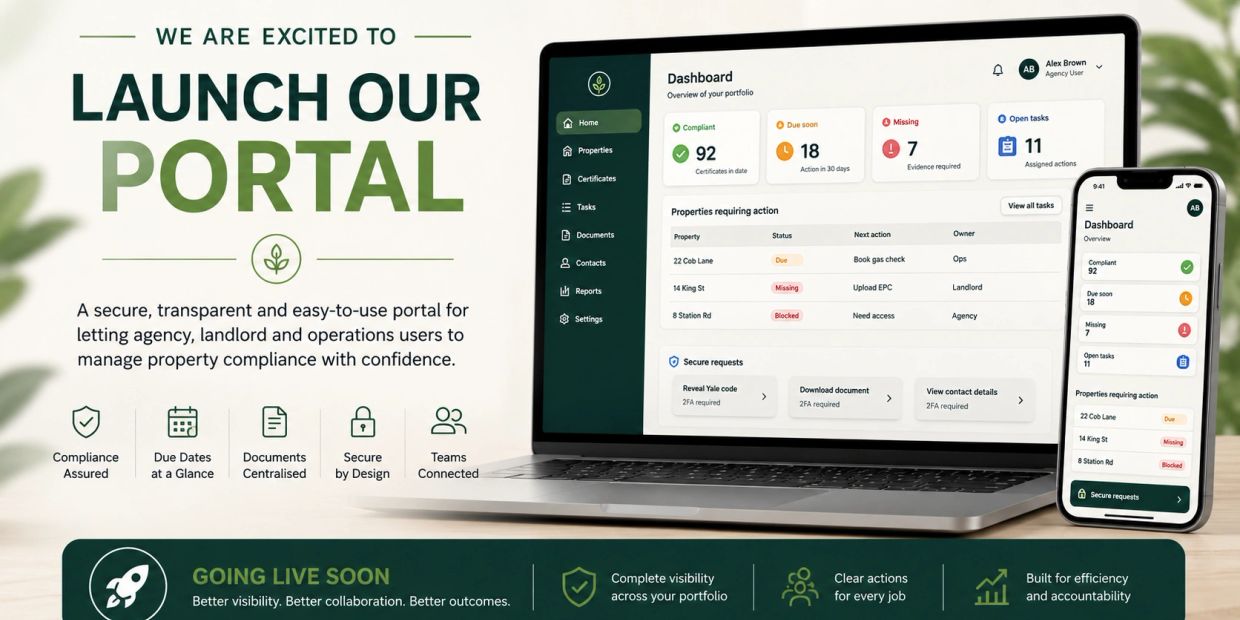 Launch announcement for a secure property compliance portal with dashboards on laptop and mobile.
