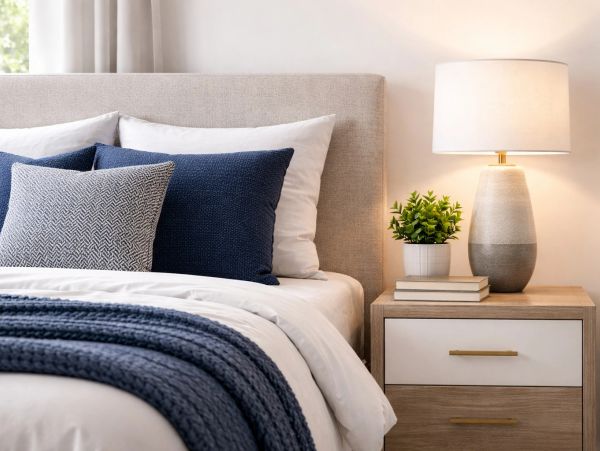 Professionally styled bedroom featuring layered bedding, coordinated accent pillows, and modern furnishings that create a warm, inviting retreat.