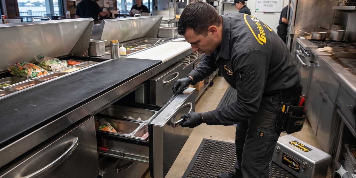 A professional technician in a Gaskets R Us uniform installs a new refrigeration gasket on a commerc