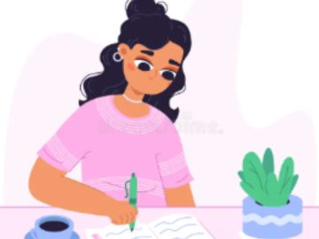 Woman writing or studying at a desk.