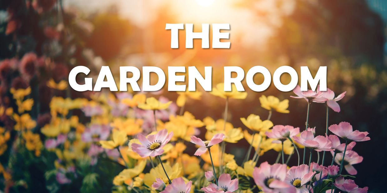 Colorful flowers bloom under warm sunlight with 'The Garden Room' text overlay.