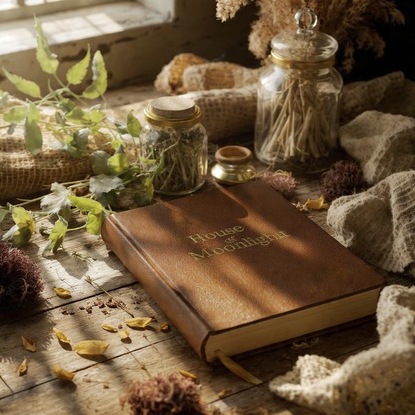 Leather-bound book titled 'Rouse at Moonlight' on a rustic table.