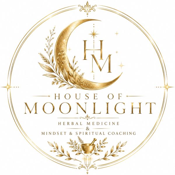 Elegant gold logo for House of Moonlight with herbal and spiritual motifs.