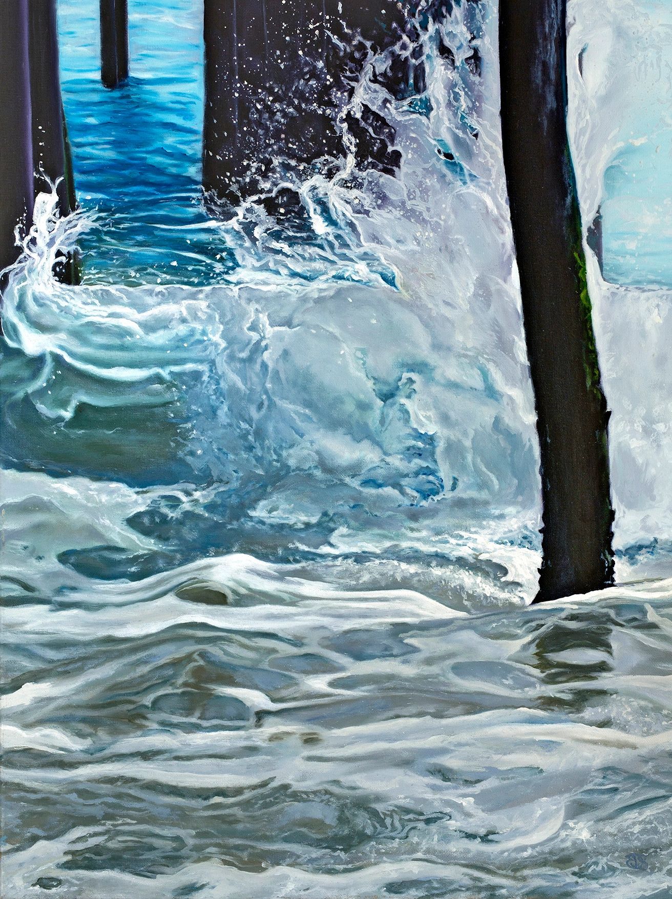 Close up of a wave striking a pier
