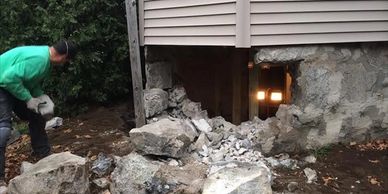 Salem, Massachusetts stone foundation restoration and waterproofing. Salem foundation repairs.