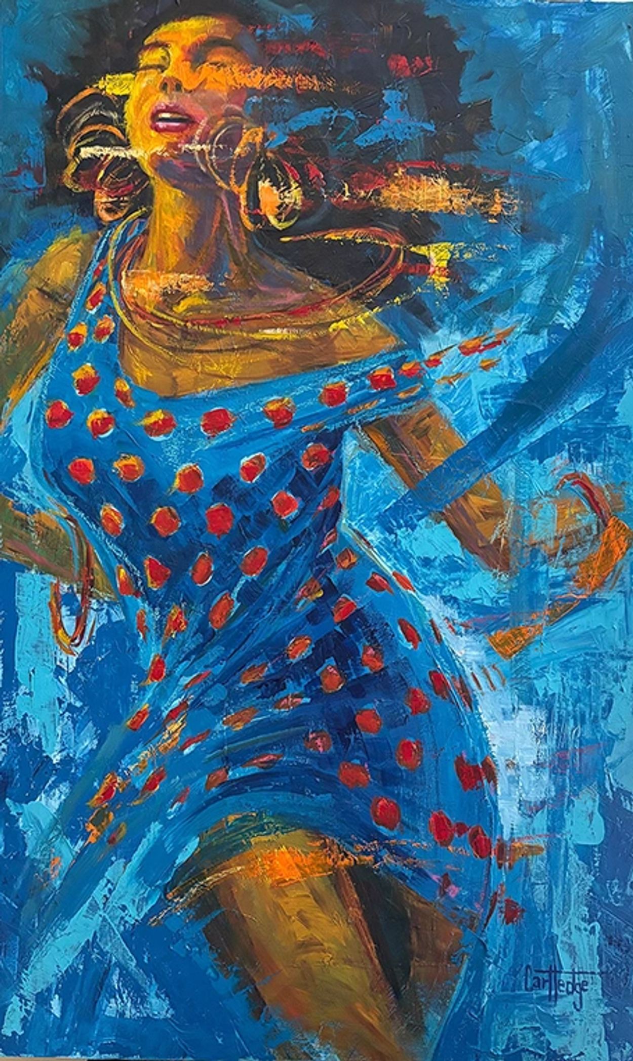 Vibrant painting of a woman dancing in a blue dress with red polka dots.