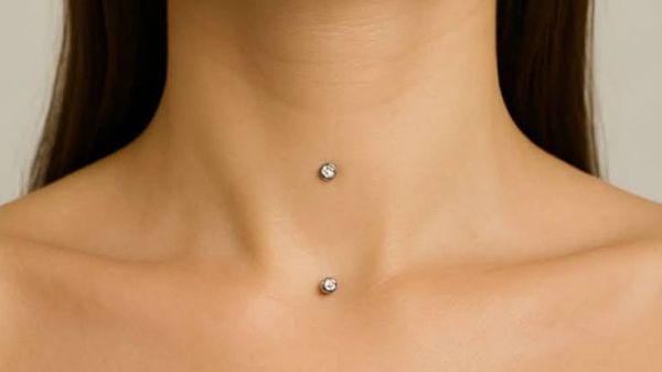 Close-up of a neck with two dermal piercings.