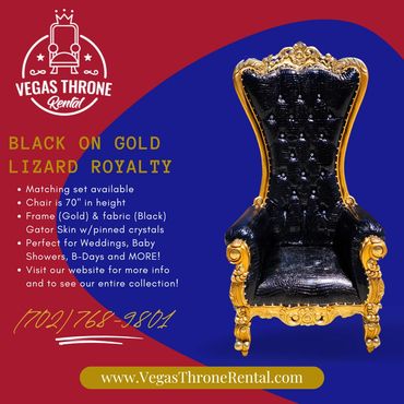 Black gator-skin throne chair with gold carved frame featured in a promotional Vegas Throne Rental flyer for event seating rentals.