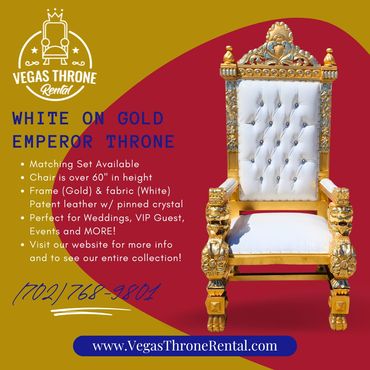 White on gold emperor throne promotional graphic listing features like crystal detailing, matching sets, and rental info for events, with Vegas Throne Rental branding.