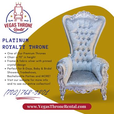 Vegas Throne Rental flyer promoting Platinum Royalty Throne for birthdays, showers, and upscale seated events.