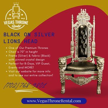 Silver lion-head throne with black upholstery featured in a promotional Vegas Throne Rental flyer for premium event seating rentals.