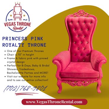 Vegas Throne Rental flyer showcasing Princess Pink Royalty throne, recommended for showers, birthdays, and themed events.