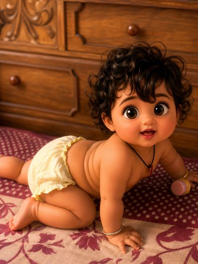 Adorable baby with curly hair crawling on a patterned mat near wooden furniture.