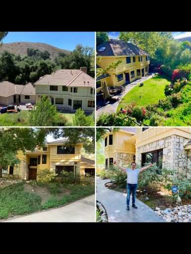 Collage of scenic houses with gardens and a joyful person outdoors.