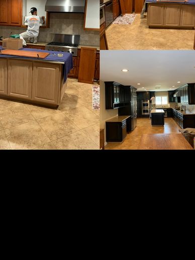 Before and after kitchen cabinet refinishing with color transformation.