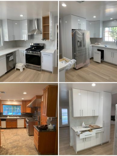 Four kitchen corners showing different cabinet and appliance setups.
