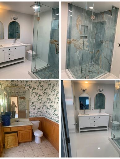 Four photos showing a bathroom with glass shower and unique wallpaper.