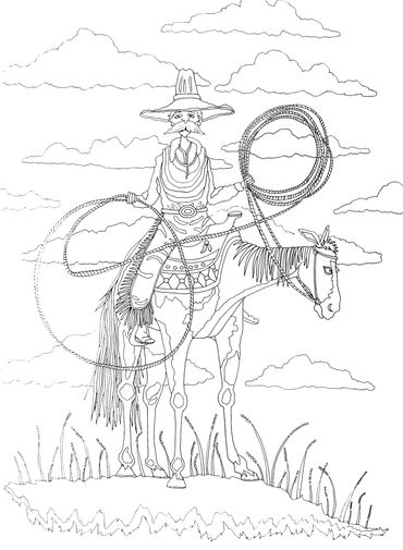 Cowboy western cartoon horse. Free coloring page, save, print, color. All rights reserved.