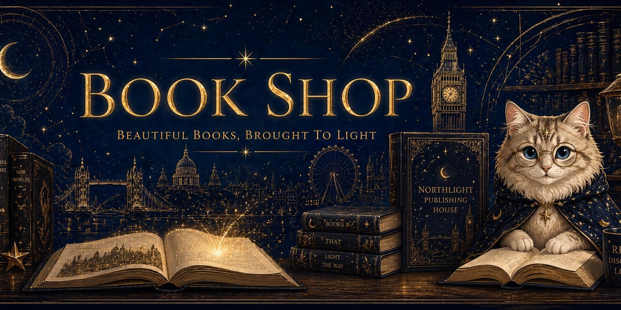 Magical bookshop scene with a wise cat, glowing books, and London landmarks under a starry sky.