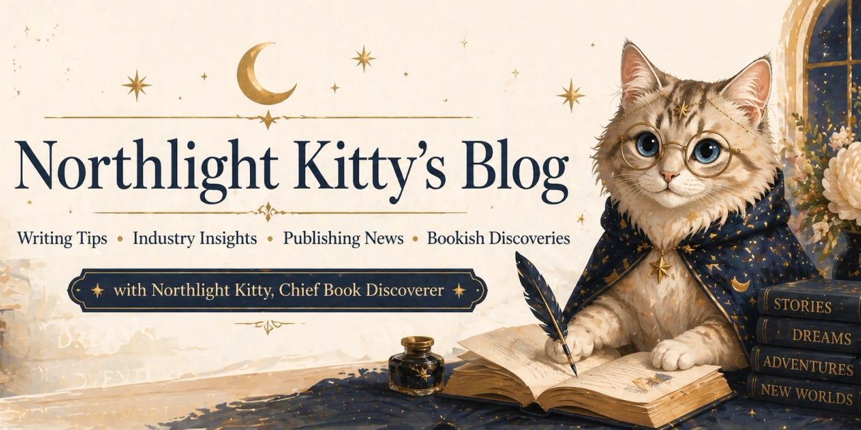 Illustration of a cat writing in a book for Northlight Kitty's Blog.