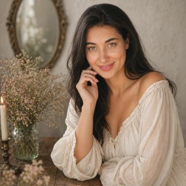 A woman in a white blouse smiling by a rustic table with flowers and a candle.