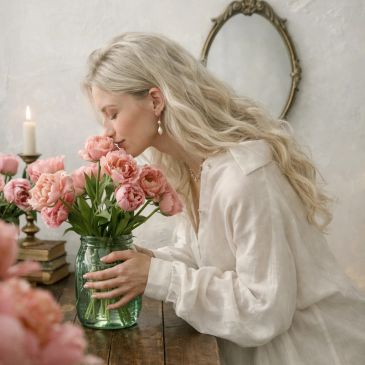 Woman smelling pink roses in a vintage setting.