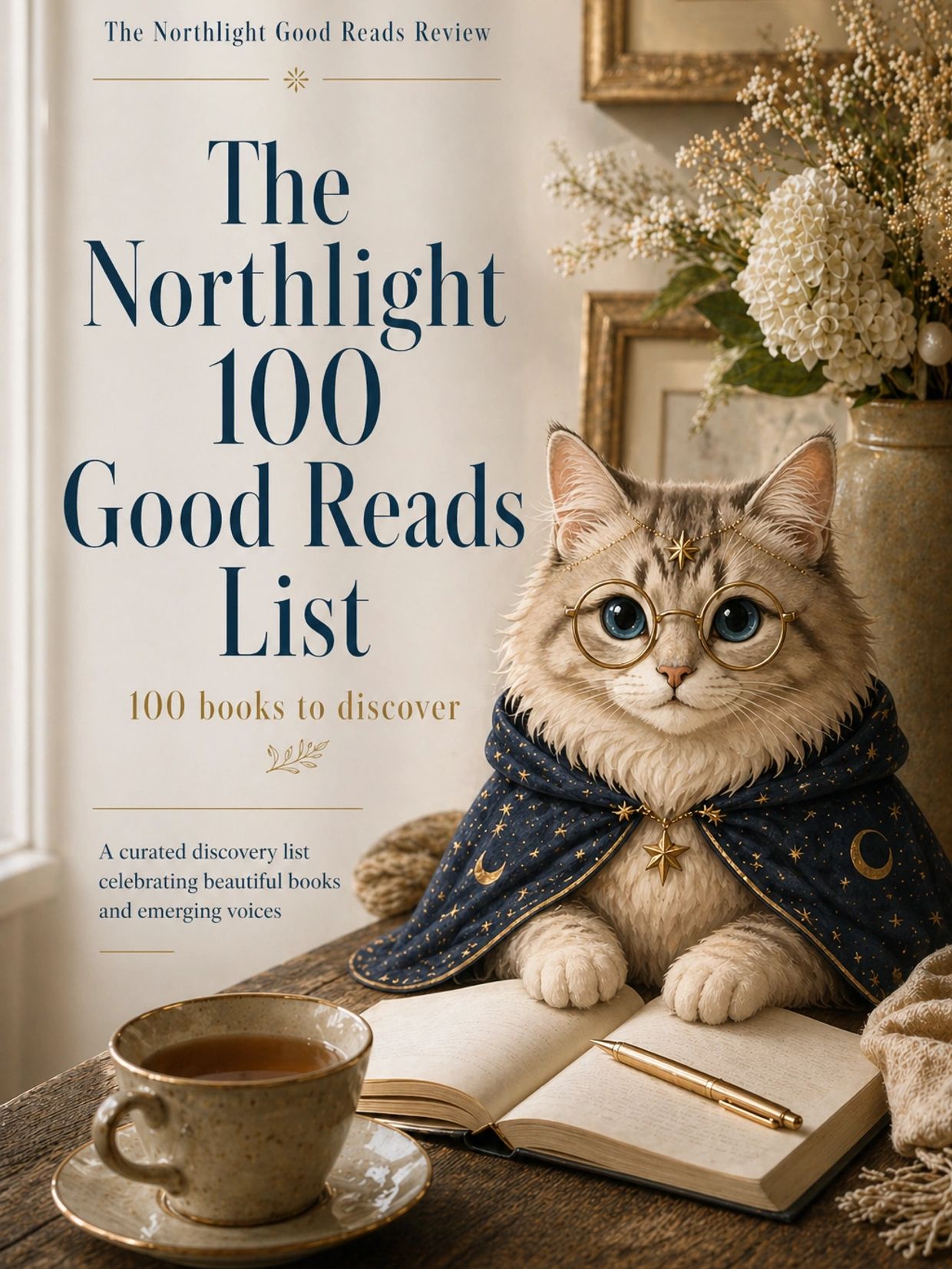 A cat in magical attire promotes The Northlight 100 Good Reads List with tea and books.