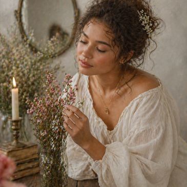 A woman in a white blouse admiring flowers by candlelight.