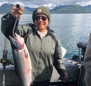 Aunty Dang, catches silver salmon " Awesome!"...That's what on the menu tonight!

