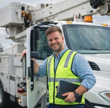 Smiling worker in safety vest with clipboard standing by utility truck.