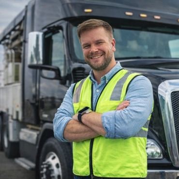 Smiling truck driver in safety vest stands confidently by his truck.