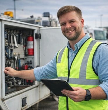 Smiling worker in safety vest holds tablet near open toolbox.