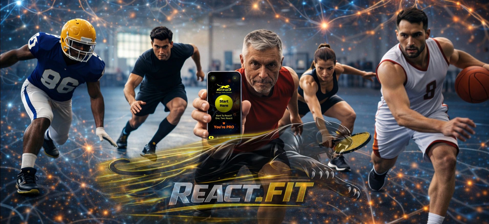 Athletes of various sports showcasing React.Fit app for enhanced performance.