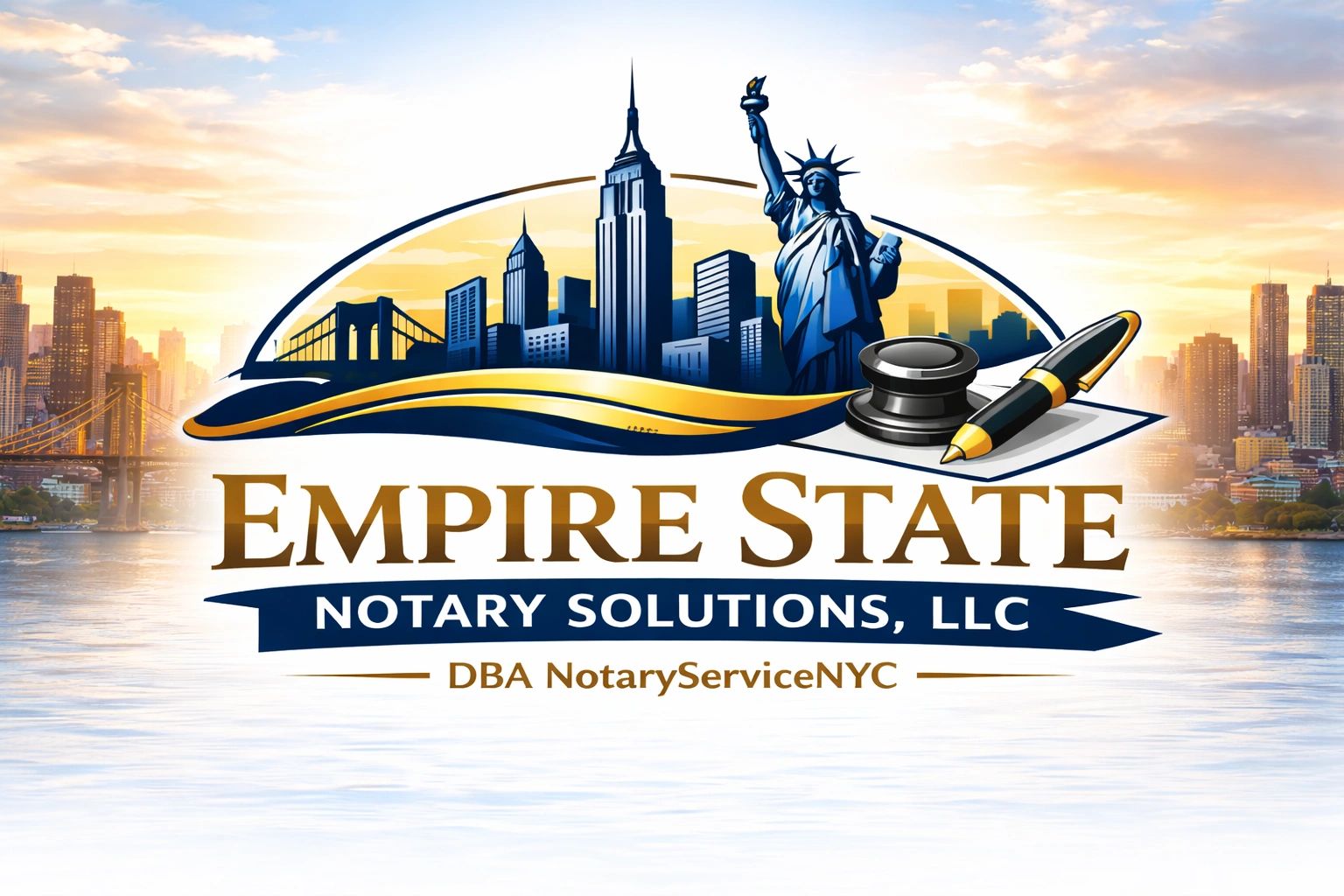 Empire State Notary Solutions logo with New York skyline and notary tools.