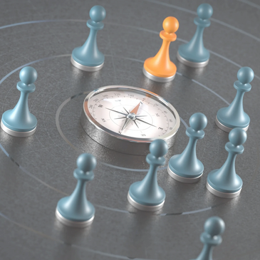 Orange pawn stands out among blue pawns around a compass on a black surface.