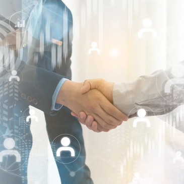 Two businesspeople shaking hands in a digital networking environment.