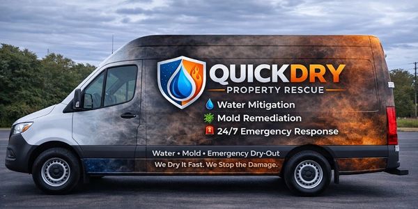 QuickDry van advertising water damage and mold remediation services.