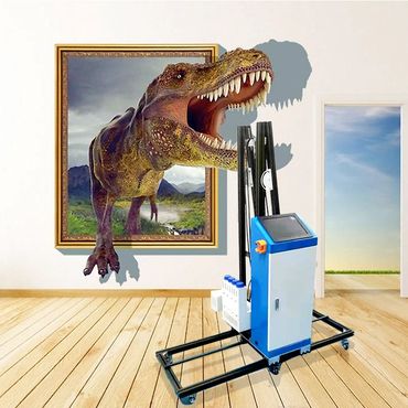 A T-Rex bursts through a framed painting, with a modern machine in a wooden-floored room.