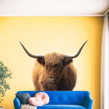 Cozy living room with a blue sofa and a large bull mural on a yellow wall.
