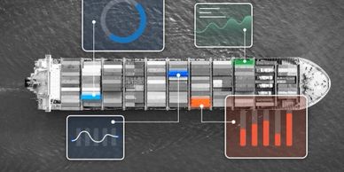 A cargo ship with overlaid data visualizations showing various analytics.