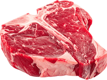 Raw T-bone steak with marbled fat and bone.