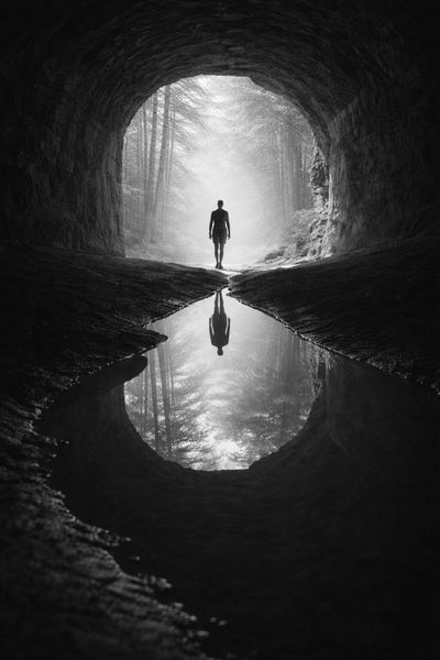 Person silhouette walking out of a cave with reflection in water.