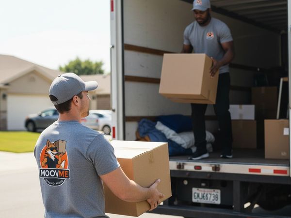 Two movers unloading boxes from a truck in a residential neighborhood.