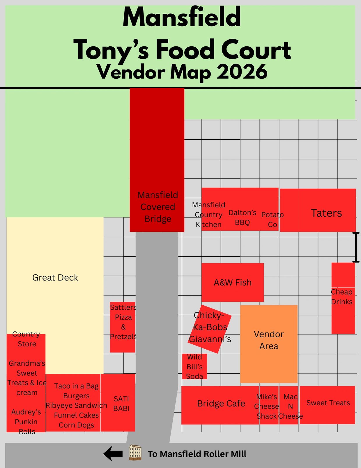 Map of Mansfield Tony's Food Court vendor layout for 2026.