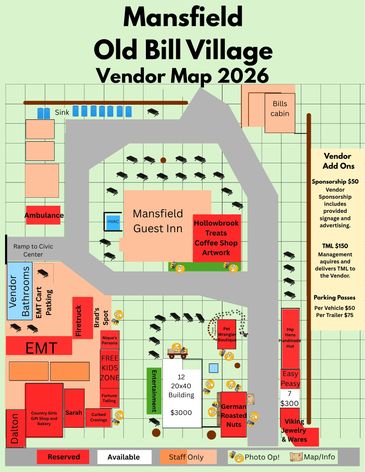 2026 vendor map for Mansfield Old Bill Village with vendor locations and amenities.